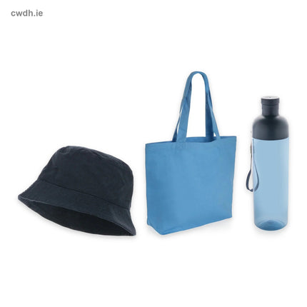 'Summer Staff Party' Kit – Recycled Canvas Bucket Hat, Recycled Canvas Shopper and Leakproof Bottle in Navy & Blue | Hospitality Trade Pack – what is in the kit