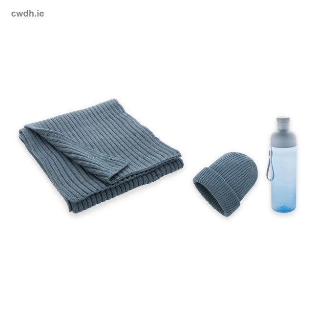 'Winter Walk' Kit – Polylana® Knitted Scarf, Knitted Beanie and Leakproof Bottle in Sage Blue | Hospitality Trade Pack – what is in the kit