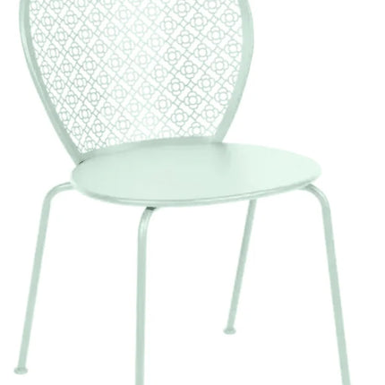 Cedar green Fermob Lorette metal outdoor chair with a curved backrest and armrests