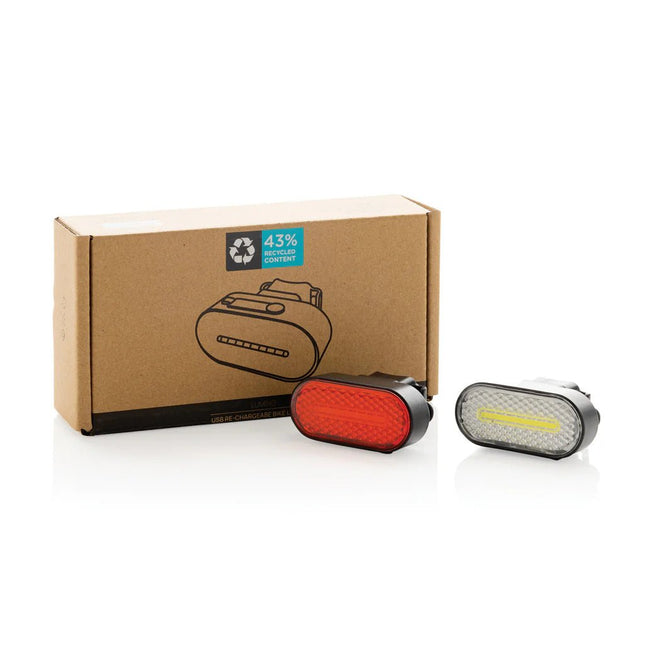 Lumino RCS recycled plastic USB re-chargeable bike light set - hospitality