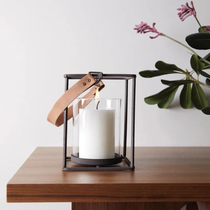 Montreux Lantern Collection Elegant Industrial Lantern With Leather Handle Steel Profiles And Glass Cylinder - hospitality