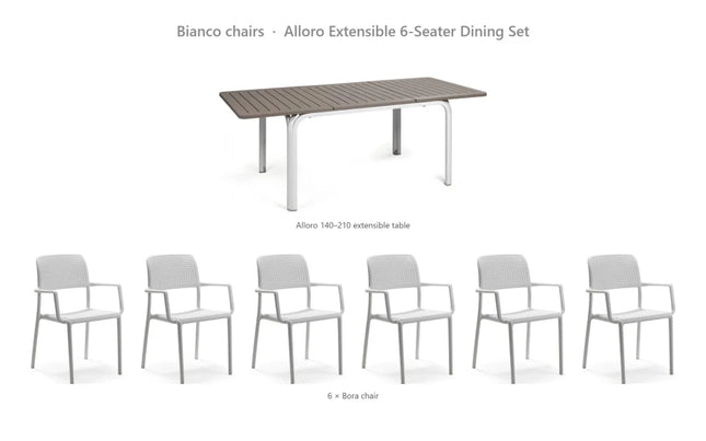 Nardi Alloro Extensible 6-Seater Dining Set - Alloro 140-210 Table + 6 Bora Chairs - hospitality