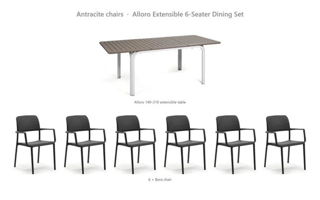 Nardi Alloro Extensible 6-Seater Dining Set - Alloro 140-210 Table + 6 Bora Chairs - hospitality