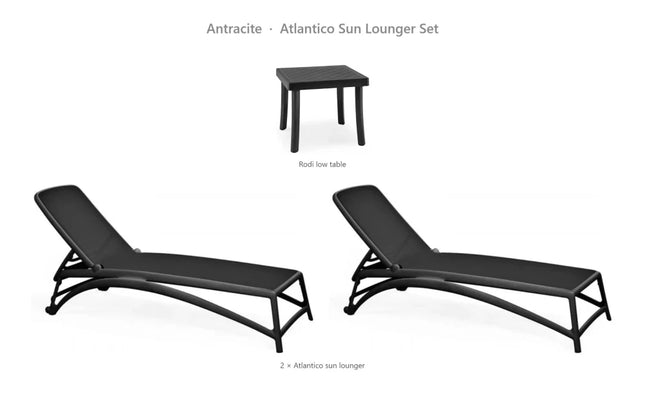 Nardi Atlantico Sun Lounger Set - 2 Atlantico Sun Loungers + Rodi Low Table - hospitality