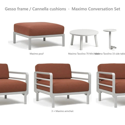 Nardi Maximo Conversation Set - 3 Maximo Armchairs + Pouf + Tavolino 70 Table + Tavolino 33 Side Table - hospitality