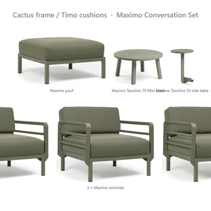 Nardi Maximo Conversation Set - 3 Maximo Armchairs + Pouf + Tavolino 70 Table + Tavolino 33 Side Table - hospitality