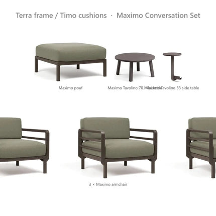 Nardi Maximo Conversation Set - 3 Maximo Armchairs + Pouf + Tavolino 70 Table + Tavolino 33 Side Table - hospitality