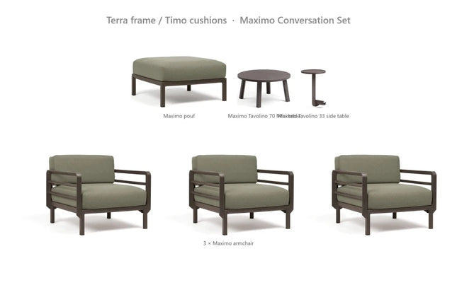 Nardi Maximo Conversation Set - 3 Maximo Armchairs + Pouf + Tavolino 70 Table + Tavolino 33 Side Table - hospitality
