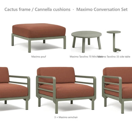 Nardi Maximo Conversation Set - 3 Maximo Armchairs + Pouf + Tavolino 70 Table + Tavolino 33 Side Table - hospitality