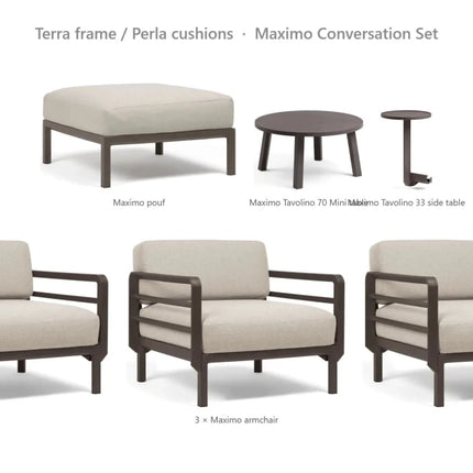 Nardi Maximo Conversation Set - 3 Maximo Armchairs + Pouf + Tavolino 70 Table + Tavolino 33 Side Table - hospitality
