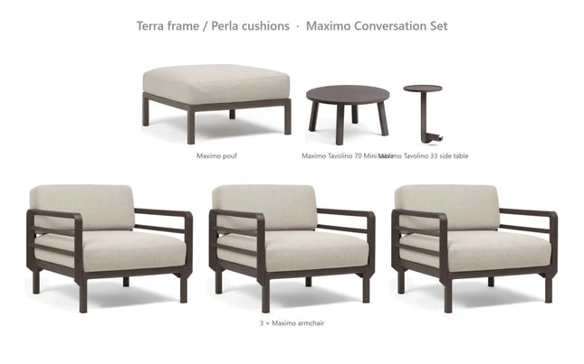 Nardi Maximo Conversation Set - 3 Maximo Armchairs + Pouf + Tavolino 70 Table + Tavolino 33 Side Table - hospitality