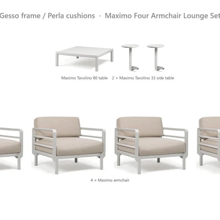 Nardi Maximo Four Armchair Lounge Set - 4 Maximo Armchairs + Tavolino 80 Table + 2 Tavolino 33 Side Tables - hospitality