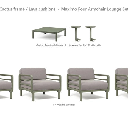 Nardi Maximo Four Armchair Lounge Set - 4 Maximo Armchairs + Tavolino 80 Table + 2 Tavolino 33 Side Tables - hospitality
