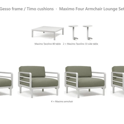 Nardi Maximo Four Armchair Lounge Set - 4 Maximo Armchairs + Tavolino 80 Table + 2 Tavolino 33 Side Tables - hospitality