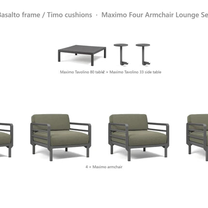 Nardi Maximo Four Armchair Lounge Set - 4 Maximo Armchairs + Tavolino 80 Table + 2 Tavolino 33 Side Tables - hospitality