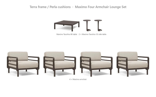 Nardi Maximo Four Armchair Lounge Set - 4 Maximo Armchairs + Tavolino 80 Table + 2 Tavolino 33 Side Tables - hospitality