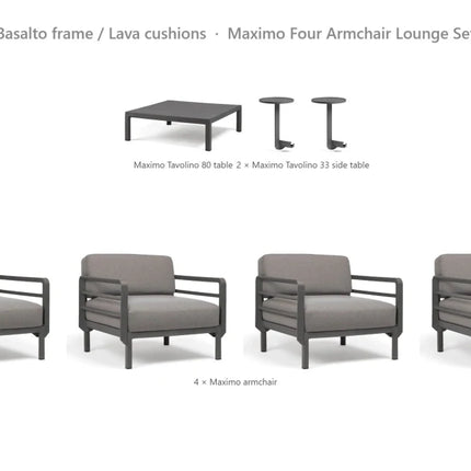 Nardi Maximo Four Armchair Lounge Set - 4 Maximo Armchairs + Tavolino 80 Table + 2 Tavolino 33 Side Tables - hospitality