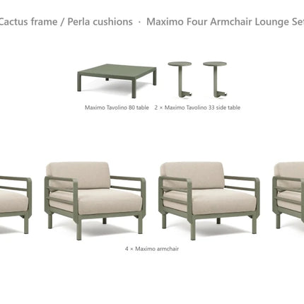 Nardi Maximo Four Armchair Lounge Set - 4 Maximo Armchairs + Tavolino 80 Table + 2 Tavolino 33 Side Tables - hospitality