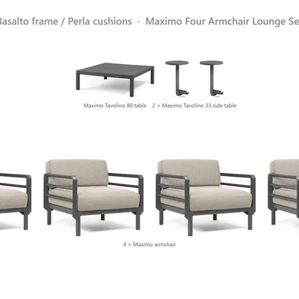 Nardi Maximo Four Armchair Lounge Set - 4 Maximo Armchairs + Tavolino 80 Table + 2 Tavolino 33 Side Tables - hospitality