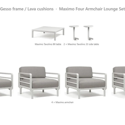 Nardi Maximo Four Armchair Lounge Set - 4 Maximo Armchairs + Tavolino 80 Table + 2 Tavolino 33 Side Tables - hospitality