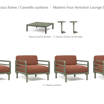 Nardi Maximo Four Armchair Lounge Set - 4 Maximo Armchairs + Tavolino 80 Table + 2 Tavolino 33 Side Tables - hospitality
