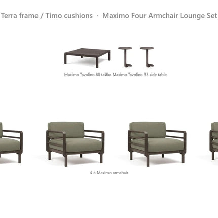 Nardi Maximo Four Armchair Lounge Set - 4 Maximo Armchairs + Tavolino 80 Table + 2 Tavolino 33 Side Tables - hospitality