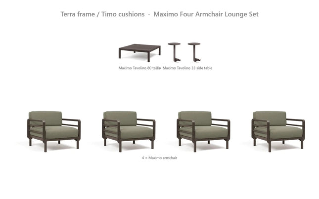Nardi Maximo Four Armchair Lounge Set - 4 Maximo Armchairs + Tavolino 80 Table + 2 Tavolino 33 Side Tables - hospitality