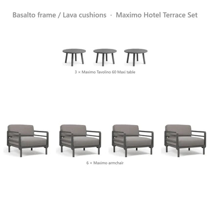 Nardi Maximo Hotel Terrace Set - 6 Maximo Armchairs + 3 Tavolino 60 Tables - hospitality
