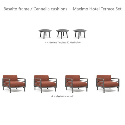 Nardi Maximo Hotel Terrace Set - 6 Maximo Armchairs + 3 Tavolino 60 Tables - hospitality