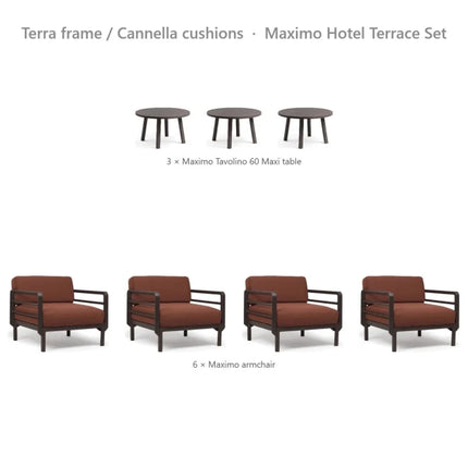 Nardi Maximo Hotel Terrace Set - 6 Maximo Armchairs + 3 Tavolino 60 Tables - hospitality