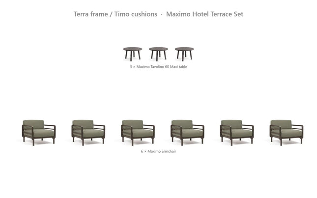 Nardi Maximo Hotel Terrace Set - 6 Maximo Armchairs + 3 Tavolino 60 Tables - hospitality