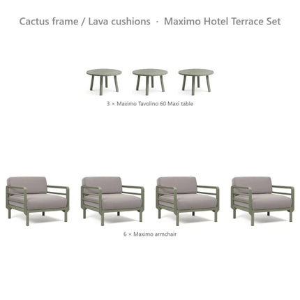 Nardi Maximo Hotel Terrace Set - 6 Maximo Armchairs + 3 Tavolino 60 Tables - hospitality