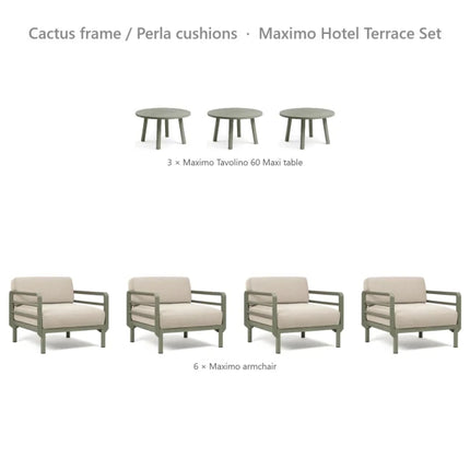 Nardi Maximo Hotel Terrace Set - 6 Maximo Armchairs + 3 Tavolino 60 Tables - hospitality