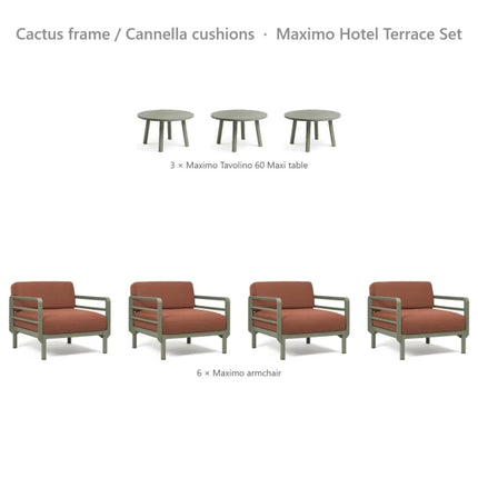 Nardi Maximo Hotel Terrace Set - 6 Maximo Armchairs + 3 Tavolino 60 Tables - hospitality
