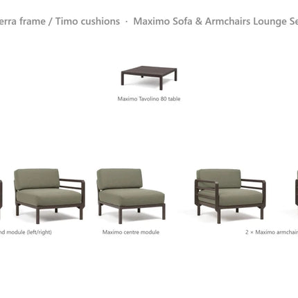 Nardi Maximo Sofa & Armchairs Lounge Set - 3-Seat Modular Sofa + 2 Maximo Armchairs + Tavolino 80 Table - hospitality