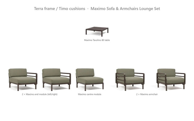 Nardi Maximo Sofa & Armchairs Lounge Set - 3-Seat Modular Sofa + 2 Maximo Armchairs + Tavolino 80 Table - hospitality