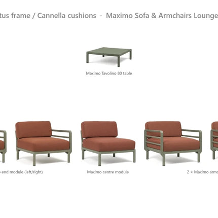 Nardi Maximo Sofa & Armchairs Lounge Set - 3-Seat Modular Sofa + 2 Maximo Armchairs + Tavolino 80 Table - hospitality