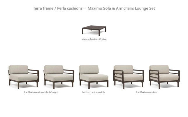 Nardi Maximo Sofa & Armchairs Lounge Set - 3-Seat Modular Sofa + 2 Maximo Armchairs + Tavolino 80 Table - hospitality