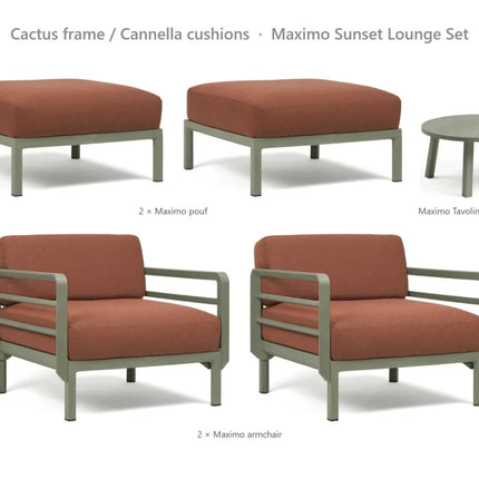 Nardi Maximo Sunset Lounge Set - 2 Maximo Armchairs + 2 Poufs + Tavolino 60 Table - hospitality