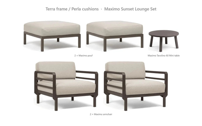 Nardi Maximo Sunset Lounge Set - 2 Maximo Armchairs + 2 Poufs + Tavolino 60 Table - hospitality