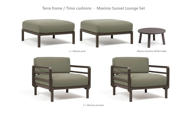 Nardi Maximo Sunset Lounge Set - 2 Maximo Armchairs + 2 Poufs + Tavolino 60 Table - hospitality