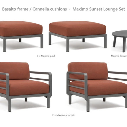 Nardi Maximo Sunset Lounge Set - 2 Maximo Armchairs + 2 Poufs + Tavolino 60 Table - hospitality