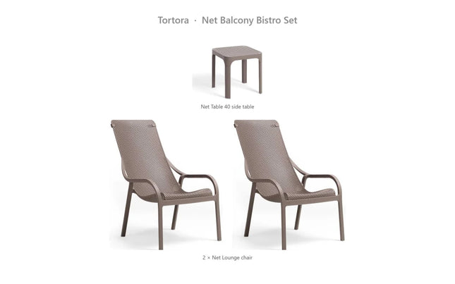 Nardi Net Balcony Bistro Set - 2 Net Lounge Chairs + Net Table 40 - hospitality
