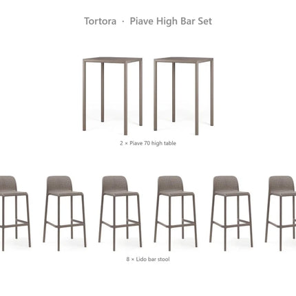 Nardi Piave High Bar Set - 2 Piave 70 High Tables + 8 Lido Bar Stools - hospitality