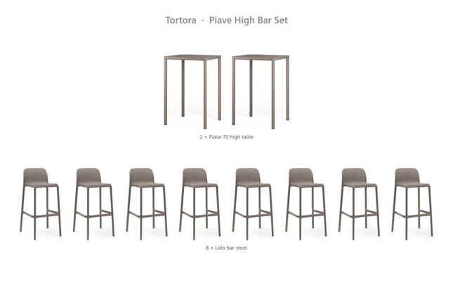 Nardi Piave High Bar Set - 2 Piave 70 High Tables + 8 Lido Bar Stools - hospitality