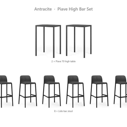 Nardi Piave High Bar Set - 2 Piave 70 High Tables + 8 Lido Bar Stools - hospitality