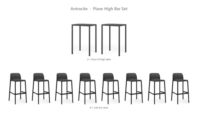 Nardi Piave High Bar Set - 2 Piave 70 High Tables + 8 Lido Bar Stools - hospitality