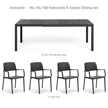 Nardi Rio Alu 140 Extensible 6-Seater Dining Set - Rio Alu 140 Table + 6 Bora Chairs - hospitality