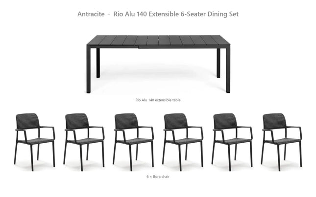 Nardi Rio Alu 140 Extensible 6-Seater Dining Set - Rio Alu 140 Table + 6 Bora Chairs - hospitality
