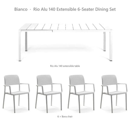 Nardi Rio Alu 140 Extensible 6-Seater Dining Set - Rio Alu 140 Table + 6 Bora Chairs - hospitality